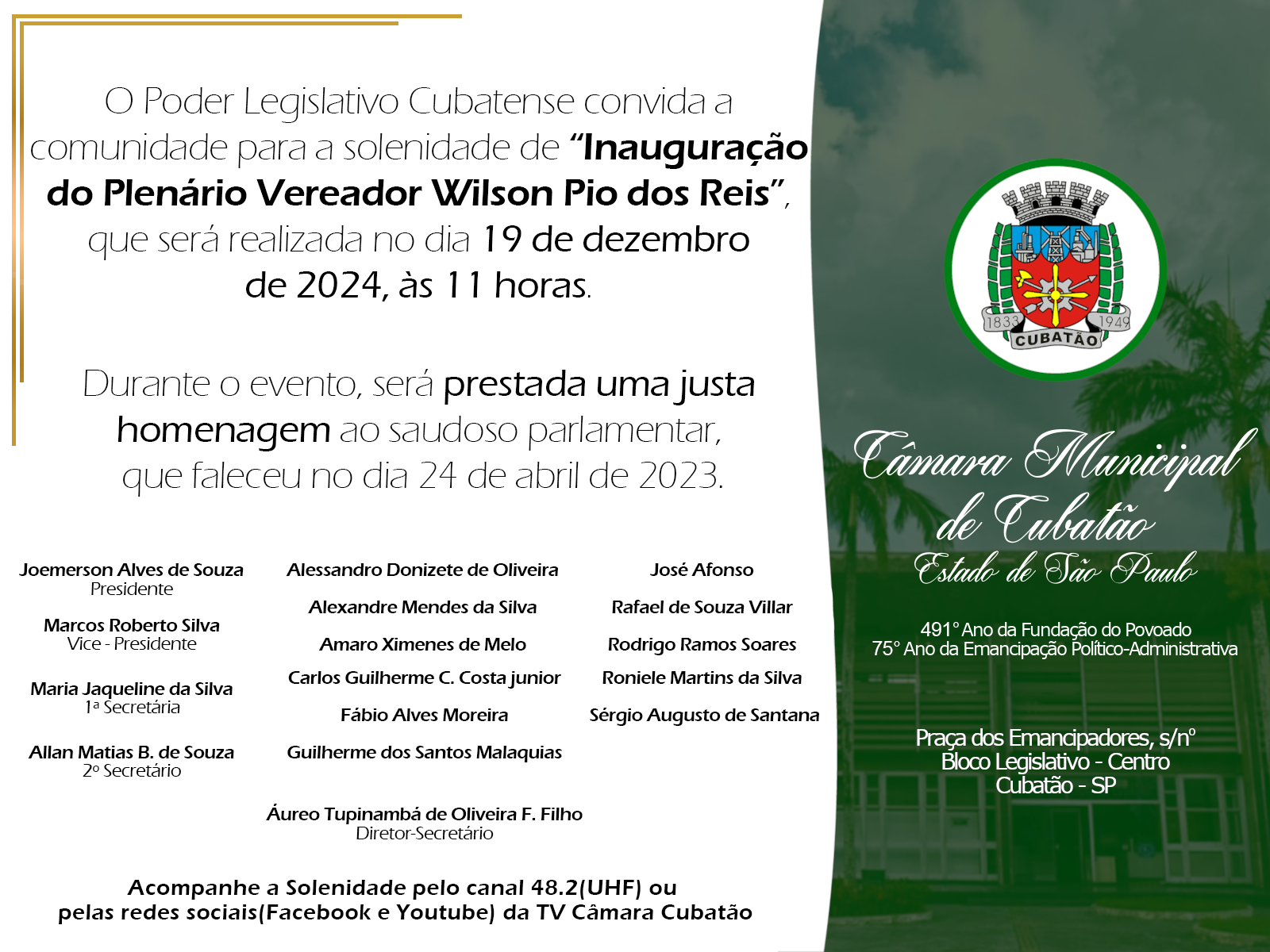 Câmara promove inauguração do Plenário Vereador Wilson Pio dos Reis