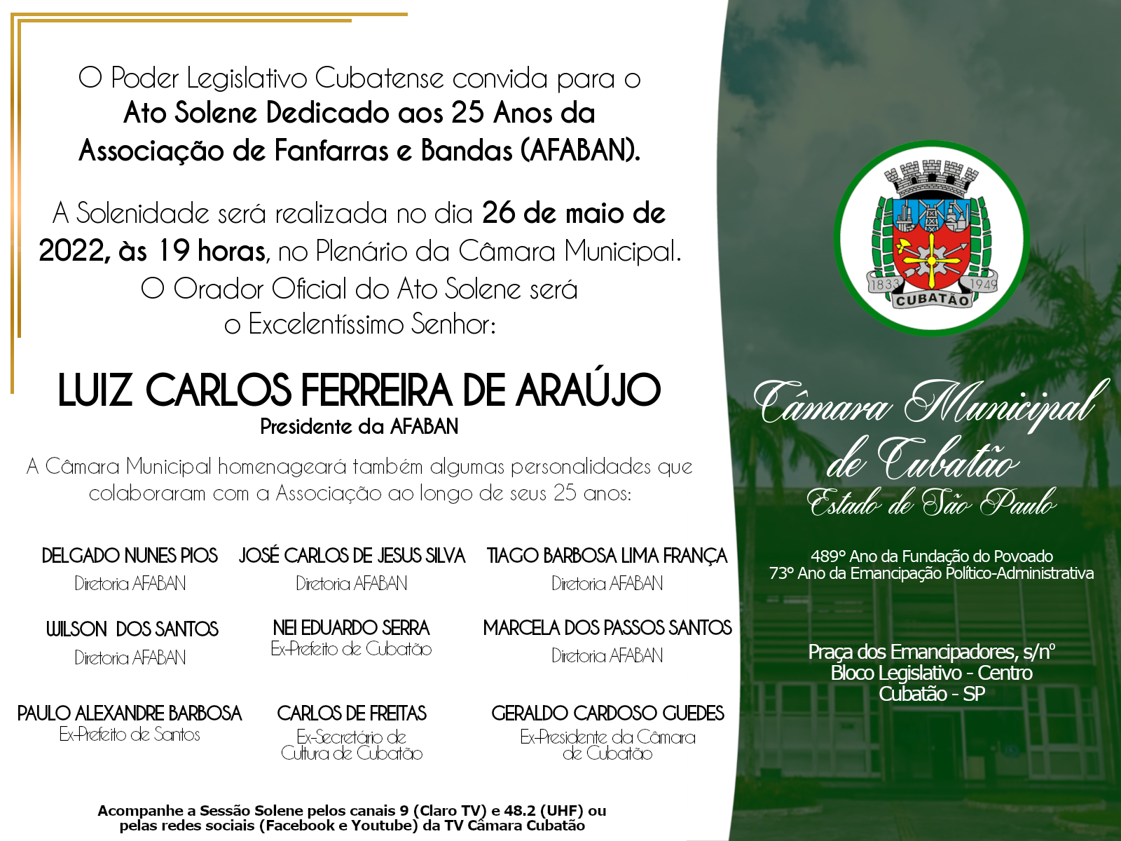 Legislativo Cubatense promove Ato Solene Dedicado aos 25 anos da AFABAN